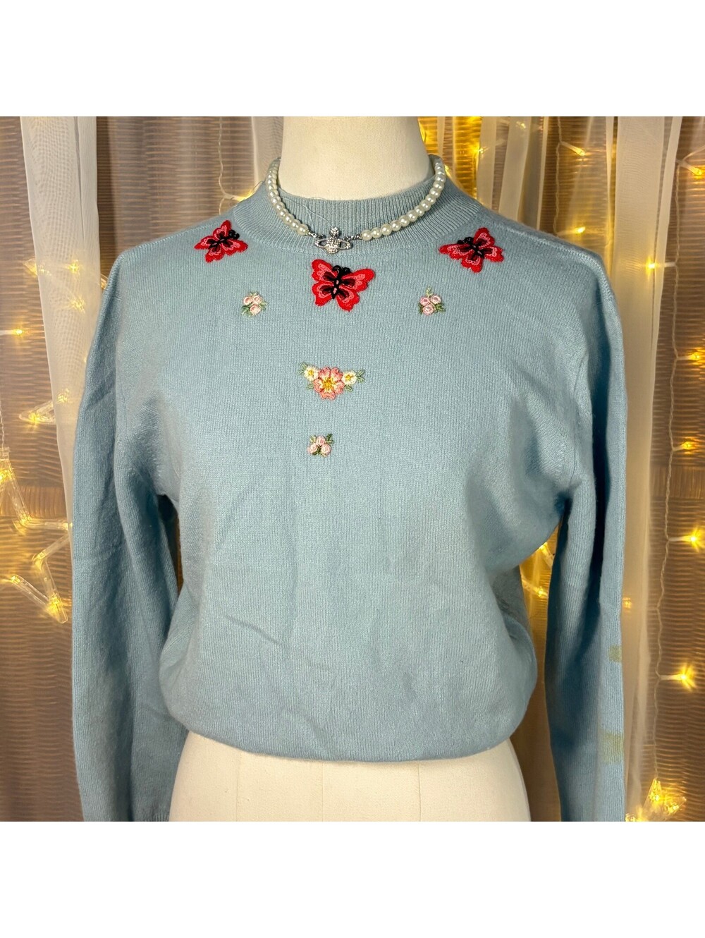 Dalton 100% Virgin Cashmere Embroidered Butterfly Sweater Blue Vintage Coquette